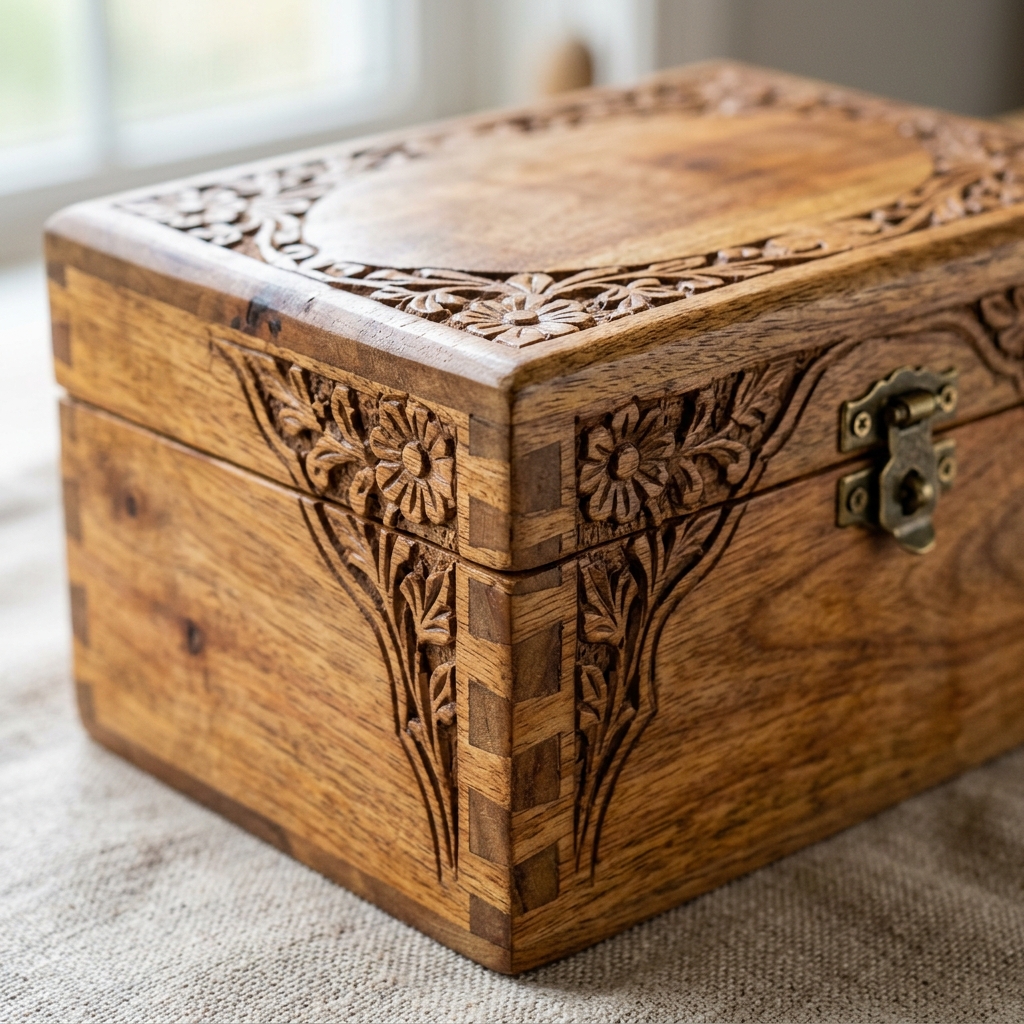 Close-up of premium carved wood texture box corners