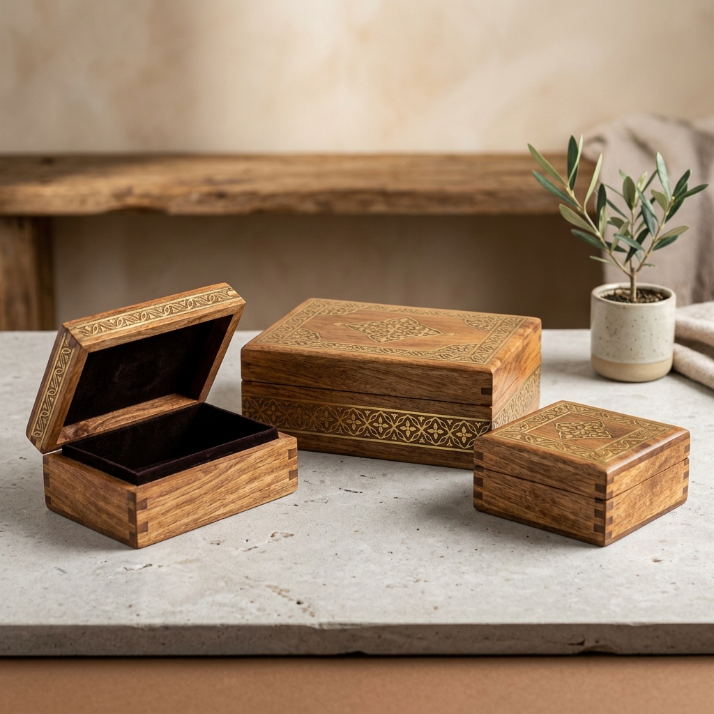 Handcrafted mango wood box with intricate brass inlay details