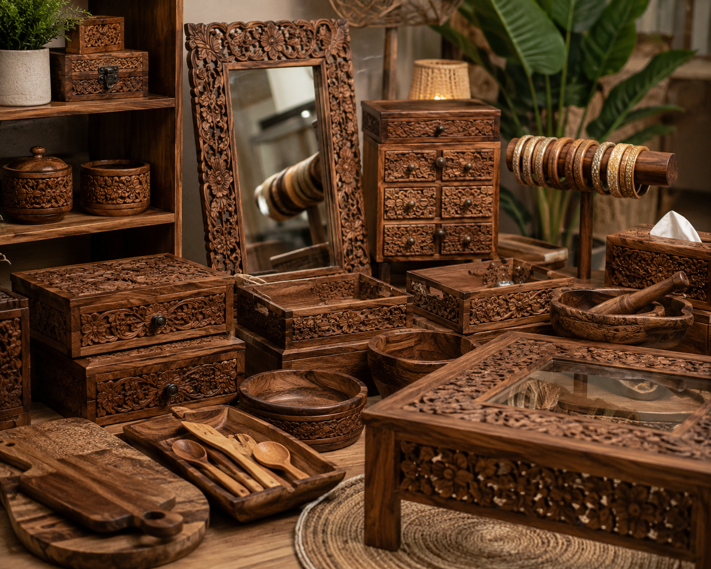 Modern carved mango wood coffee table in bright living room